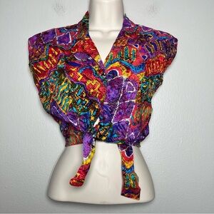 VTG Hilo Hattie Women Top XS Pink Birds of Paradise Tie Front Cap Sleeve Art 80s